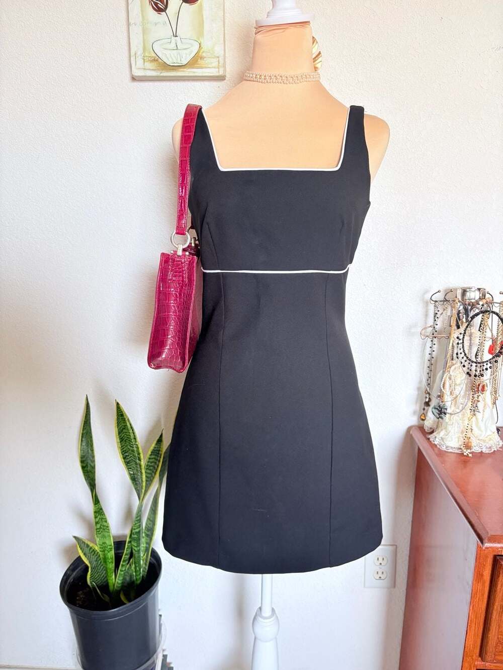 Byer Too! Black Mini Dress Square Neck White Piping